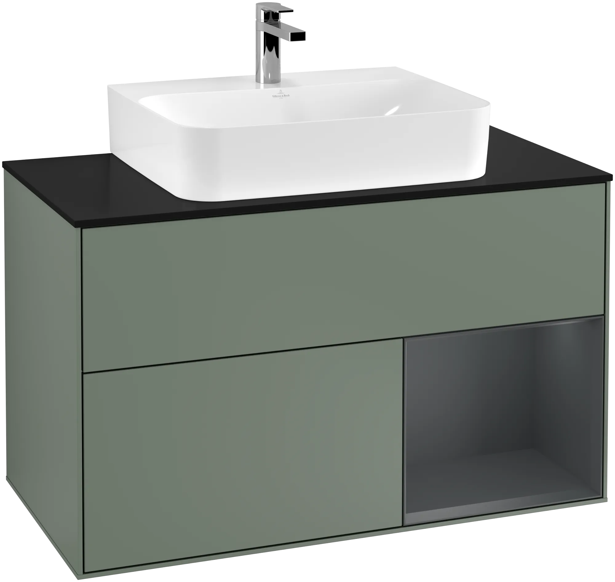 Picture of VILLEROY BOCH Finion Vanity unit, with lighting, 2 pull-out compartments, 1000 x 603 x 501 mm, Olive Matt Lacquer / Midnight Blue Matt Lacquer / Glass Black Matt #G122HGGM