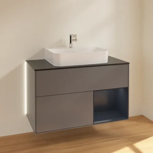 VILLEROY BOCH Finion Waschbeckenunterschrank, mit Beleuchtung, 2 Auszüge, 1000 x 603 x 501 mm, Anthracite Matt Lacquer / Midnight Blue Matt Lacquer / Glass Black Matt #G122HGGK, Bild 2