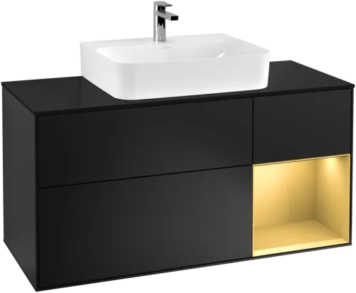 VILLEROY BOCH Finion Vanity unit, with lighting, 3 pull-out compartments, 1200 x 603 x 501 mm, Black Matt Lacquer / Gold Matt Lacquer / Glass Black Matt #G172HFPD resmi