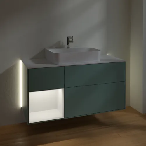 VILLEROY BOCH Finion Waschbeckenunterschrank, mit Beleuchtung, 3 Auszüge, 1200 x 603 x 501 mm, Olive Matt Lacquer / Gold Matt Lacquer / Glass White Matt #G161HFGM, Bild 3