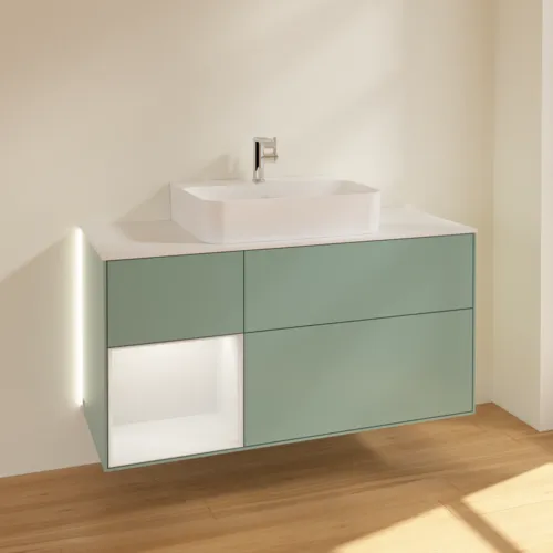 VILLEROY BOCH Finion Waschbeckenunterschrank, mit Beleuchtung, 3 Auszüge, 1200 x 603 x 501 mm, Olive Matt Lacquer / Gold Matt Lacquer / Glass White Matt #G161HFGM, Bild 2