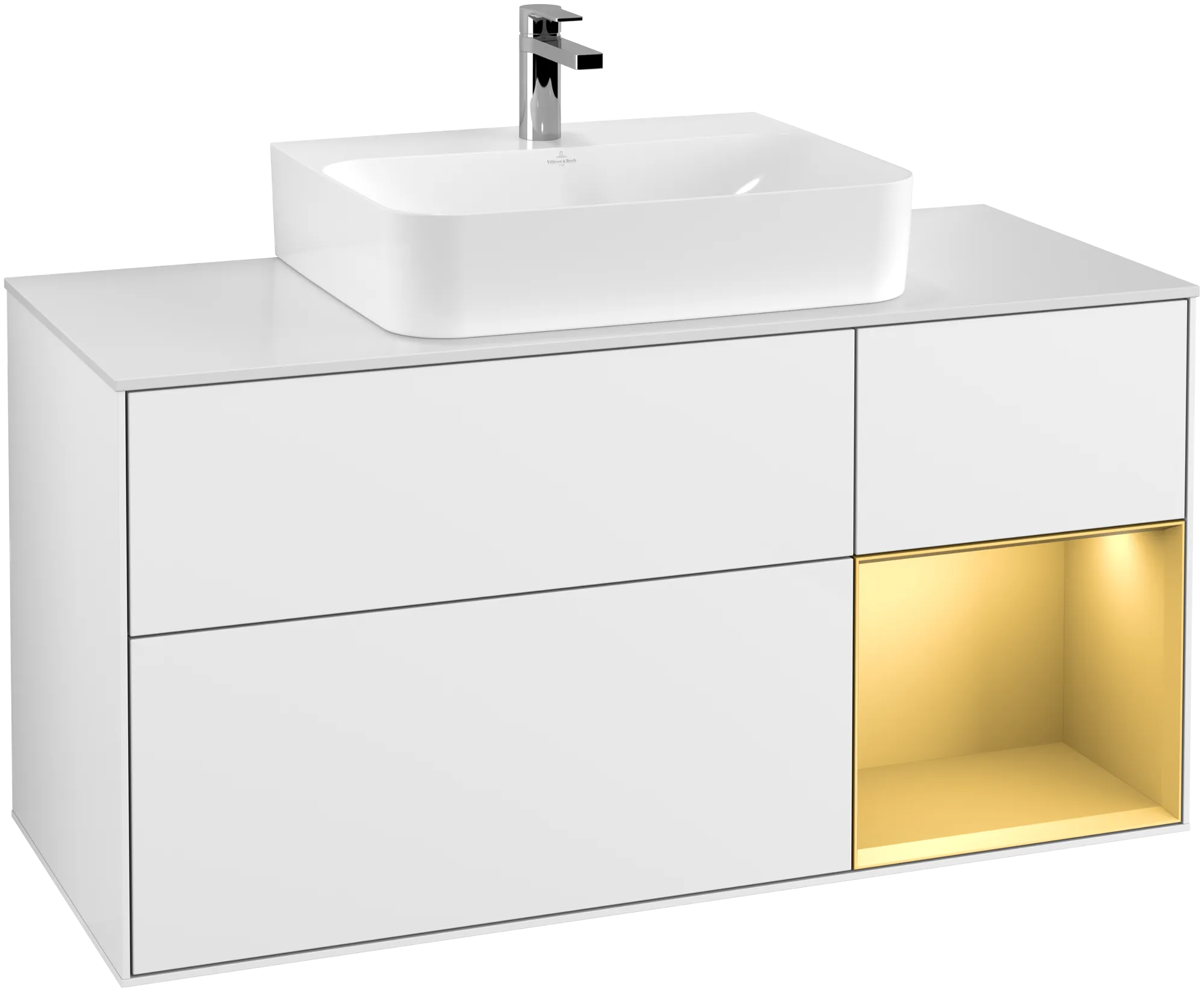 Obrázek VILLEROY BOCH Finion Vanity unit, with lighting, 3 pull-out compartments, 1200 x 603 x 501 mm, Glossy White Lacquer / Gold Matt Lacquer / Glass White Matt #G171HFGF