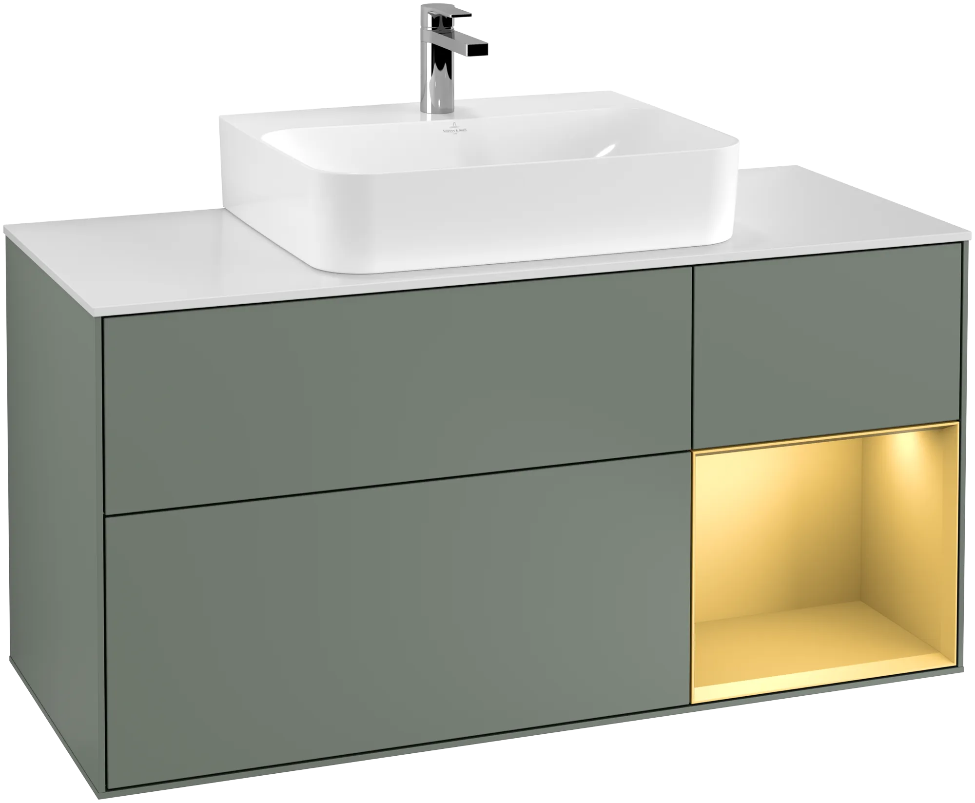 VILLEROY BOCH Finion Vanity unit, with lighting, 3 pull-out compartments, 1200 x 603 x 501 mm, Olive Matt Lacquer / Gold Matt Lacquer / Glass White Matt #G171HFGM resmi