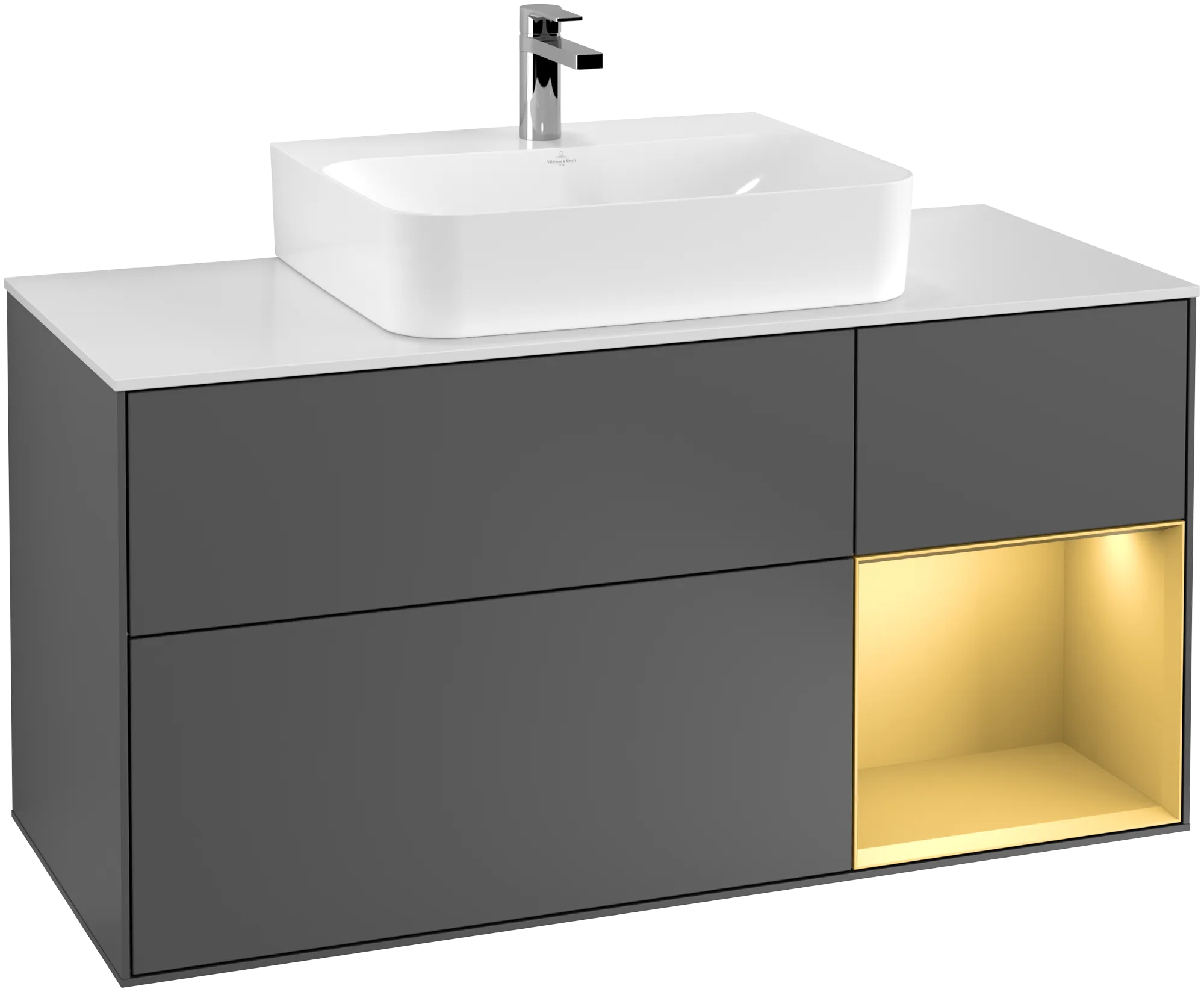VILLEROY BOCH Finion Vanity unit, with lighting, 3 pull-out compartments, 1200 x 603 x 501 mm, Anthracite Matt Lacquer / Gold Matt Lacquer / Glass White Matt #G171HFGK resmi