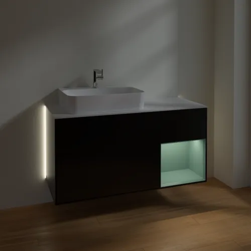 Bild von VILLEROY BOCH Finion Waschbeckenunterschrank, mit Beleuchtung, 3 Auszüge, 1200 x 603 x 501 mm, Black Matt Lacquer / Olive Matt Lacquer / Glass White Matt #G151GMPD