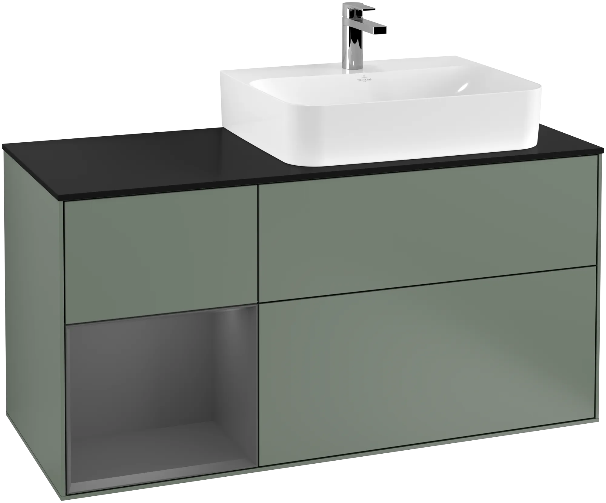 Picture of VILLEROY BOCH Finion Vanity unit, with lighting, 3 pull-out compartments, 1200 x 603 x 501 mm, Olive Matt Lacquer / Anthracite Matt Lacquer / Glass Black Matt #G142GKGM