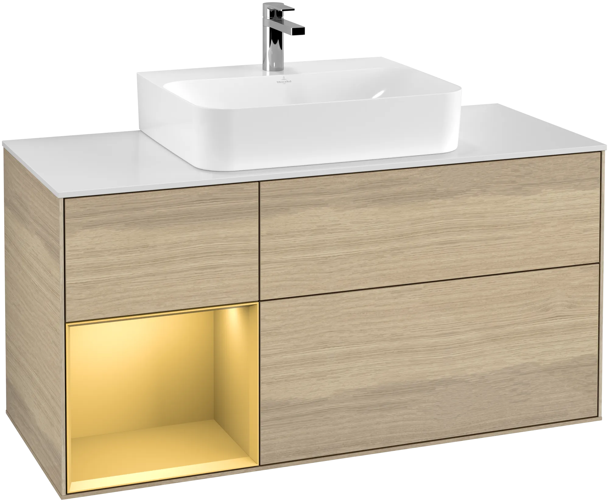 Picture of VILLEROY BOCH Finion Vanity unit, with lighting, 3 pull-out compartments, 1200 x 603 x 501 mm, Oak Veneer / Gold Matt Lacquer / Glass White Matt #G161HFPC