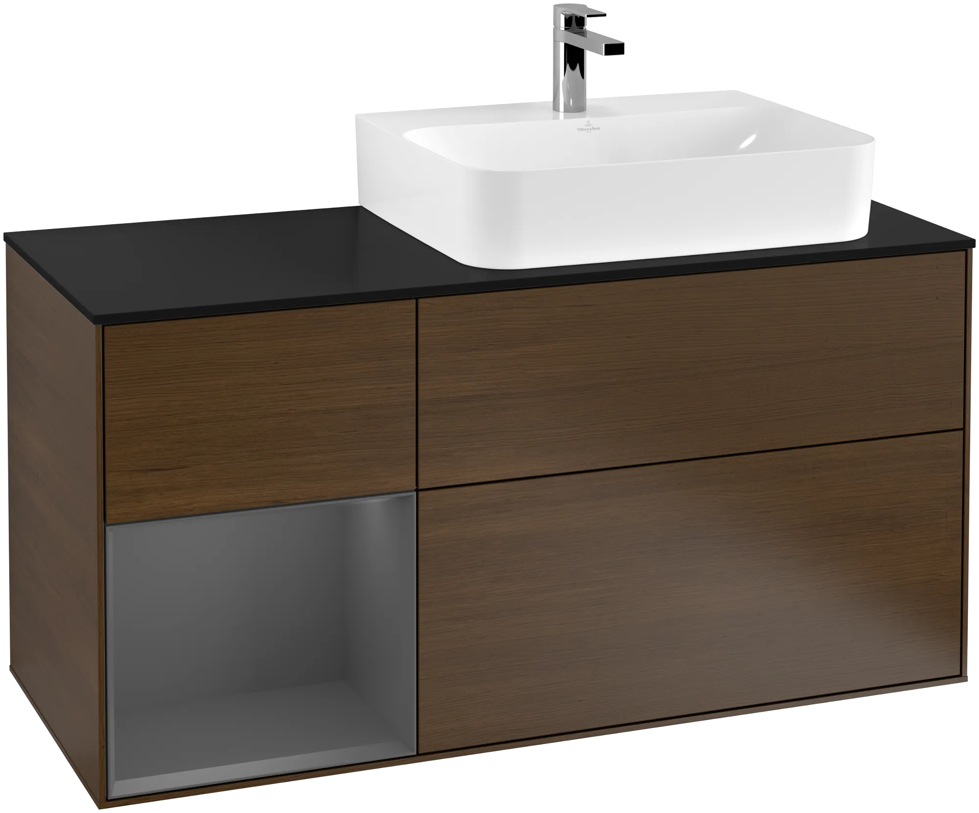 Picture of VILLEROY BOCH Finion Vanity unit, with lighting, 3 pull-out compartments, 1200 x 603 x 501 mm, Walnut Veneer / Anthracite Matt Lacquer / Glass Black Matt #G142GKGN