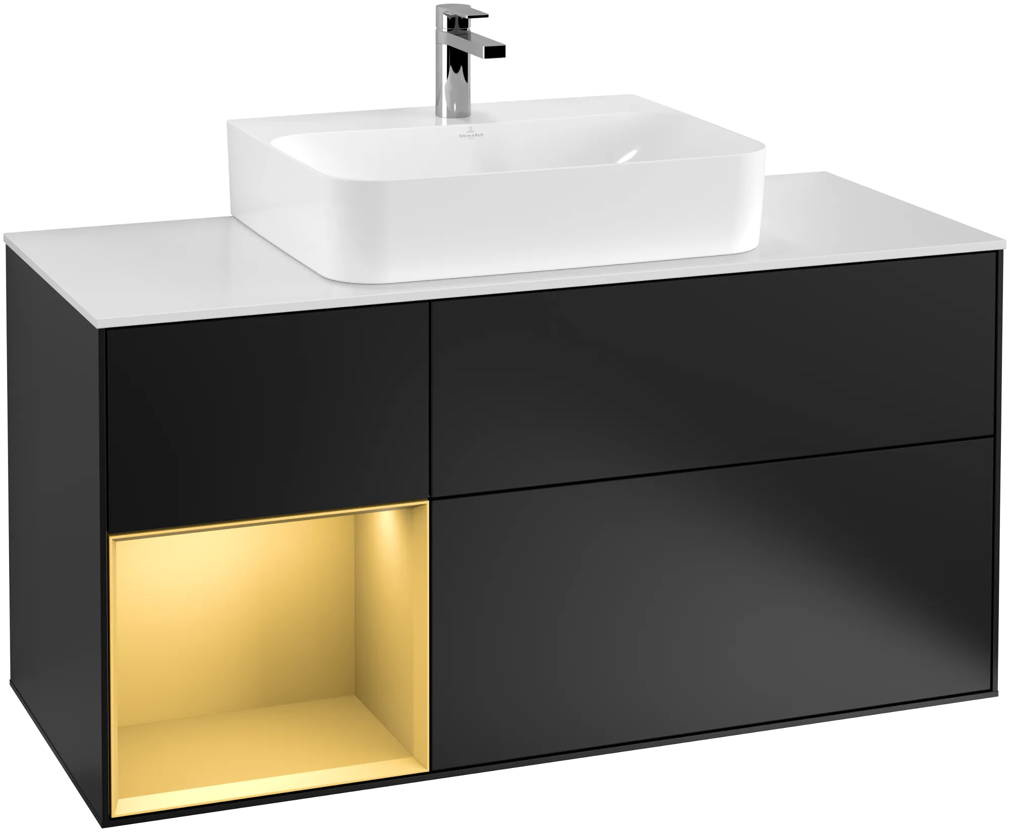 Picture of VILLEROY BOCH Finion Vanity unit, with lighting, 3 pull-out compartments, 1200 x 603 x 501 mm, Black Matt Lacquer / Gold Matt Lacquer / Glass White Matt #G161HFPD