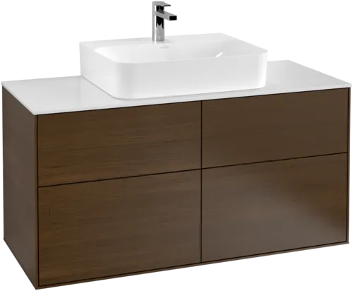 Picture of VILLEROY BOCH Finion Vanity unit, with lighting, 4 pull-out compartments, 1200 x 603 x 501 mm, Walnut Veneer / Glass White Matt #G13100GN