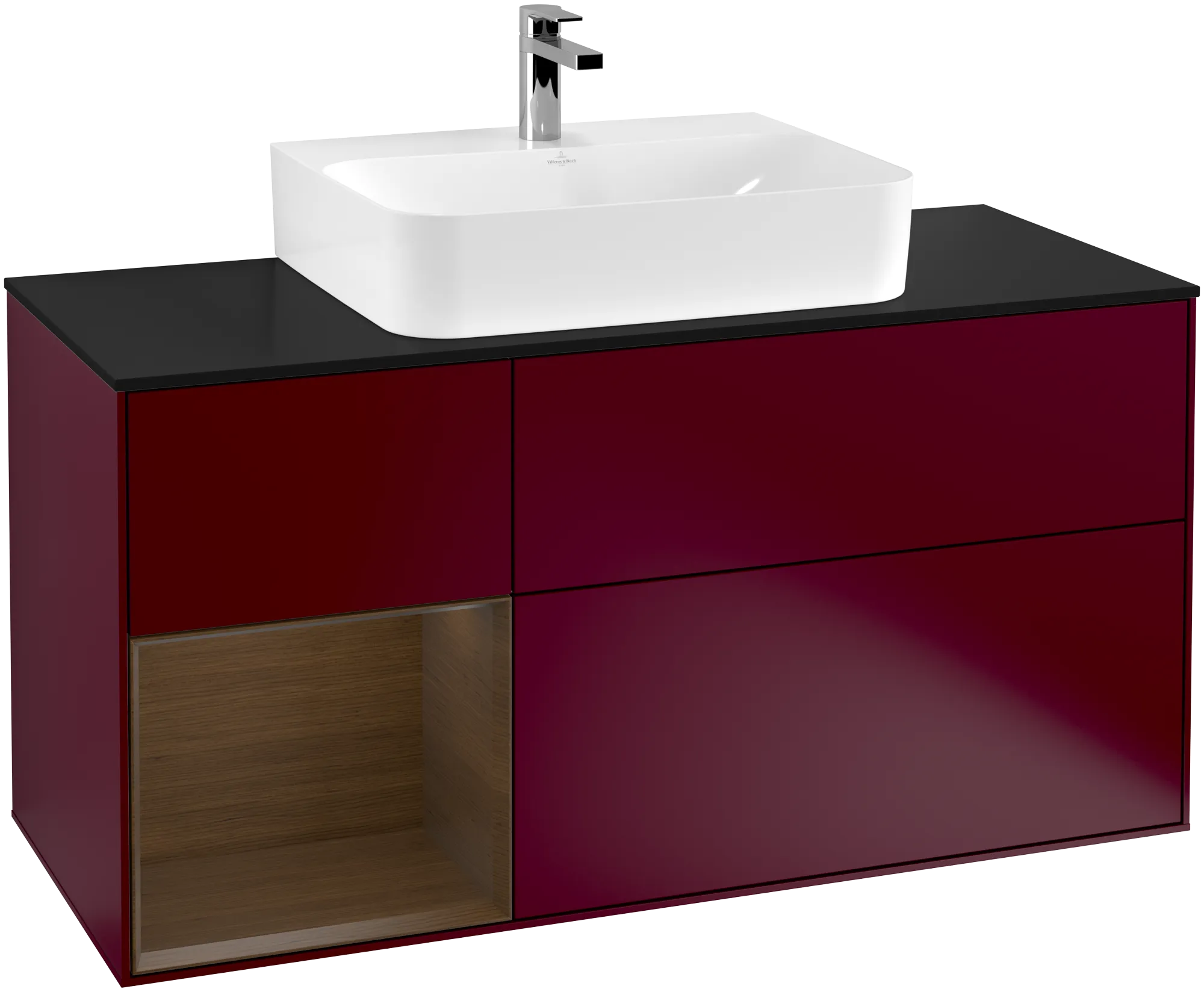 Picture of VILLEROY BOCH Finion Vanity unit, with lighting, 3 pull-out compartments, 1200 x 603 x 501 mm, Peony Matt Lacquer / Walnut Veneer / Glass Black Matt #G162GNHB