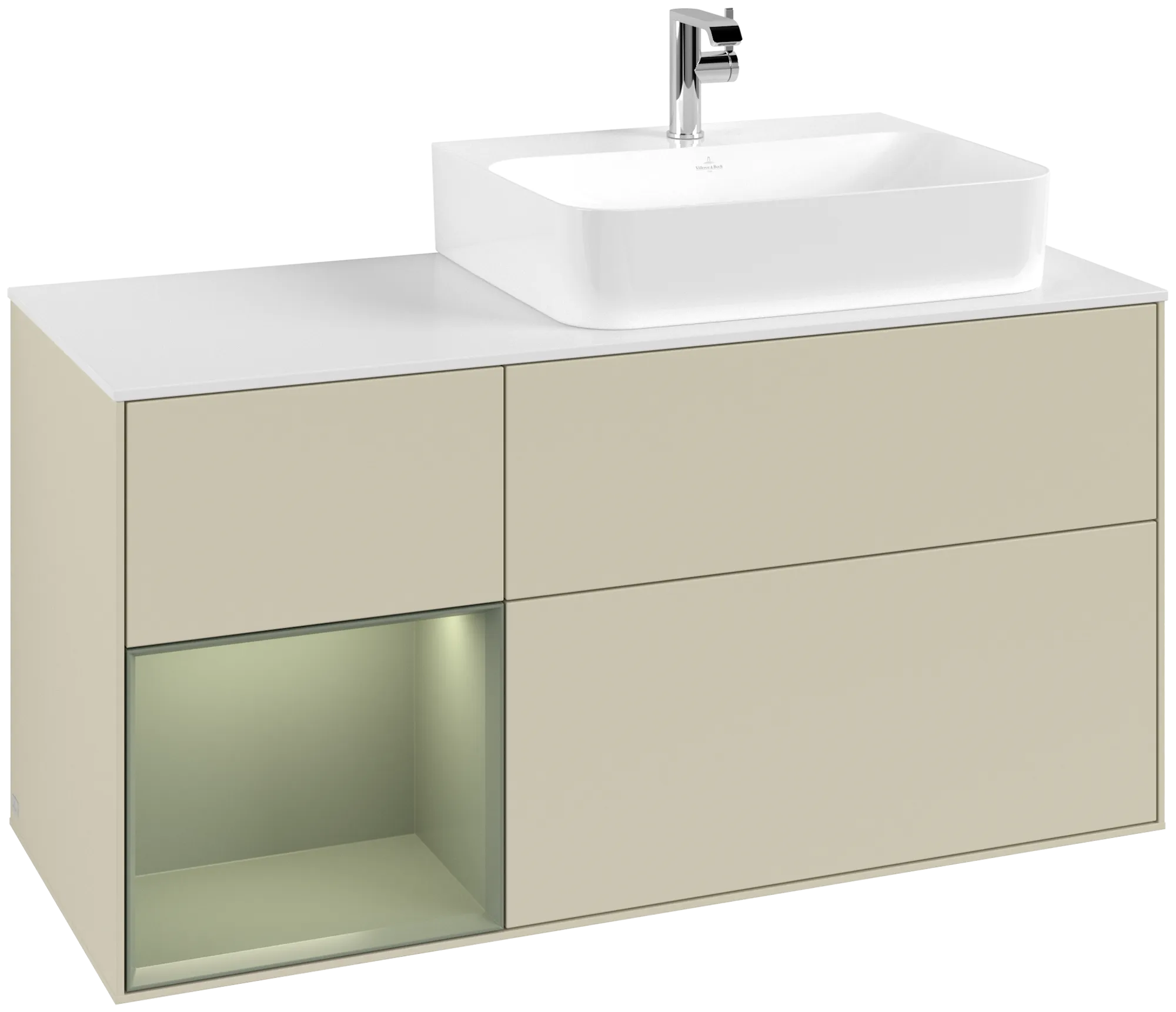 Picture of VILLEROY BOCH Finion Vanity unit, with lighting, 3 pull-out compartments, 1200 x 603 x 501 mm, Silk Grey Matt Lacquer / Olive Matt Lacquer / Glass White Matt #G141GMHJ
