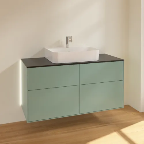 Bild von VILLEROY BOCH Finion Waschbeckenunterschrank, mit Beleuchtung, 4 Auszüge, 1200 x 603 x 501 mm, Olive Matt Lacquer / Glass Black Matt #G13200GM
