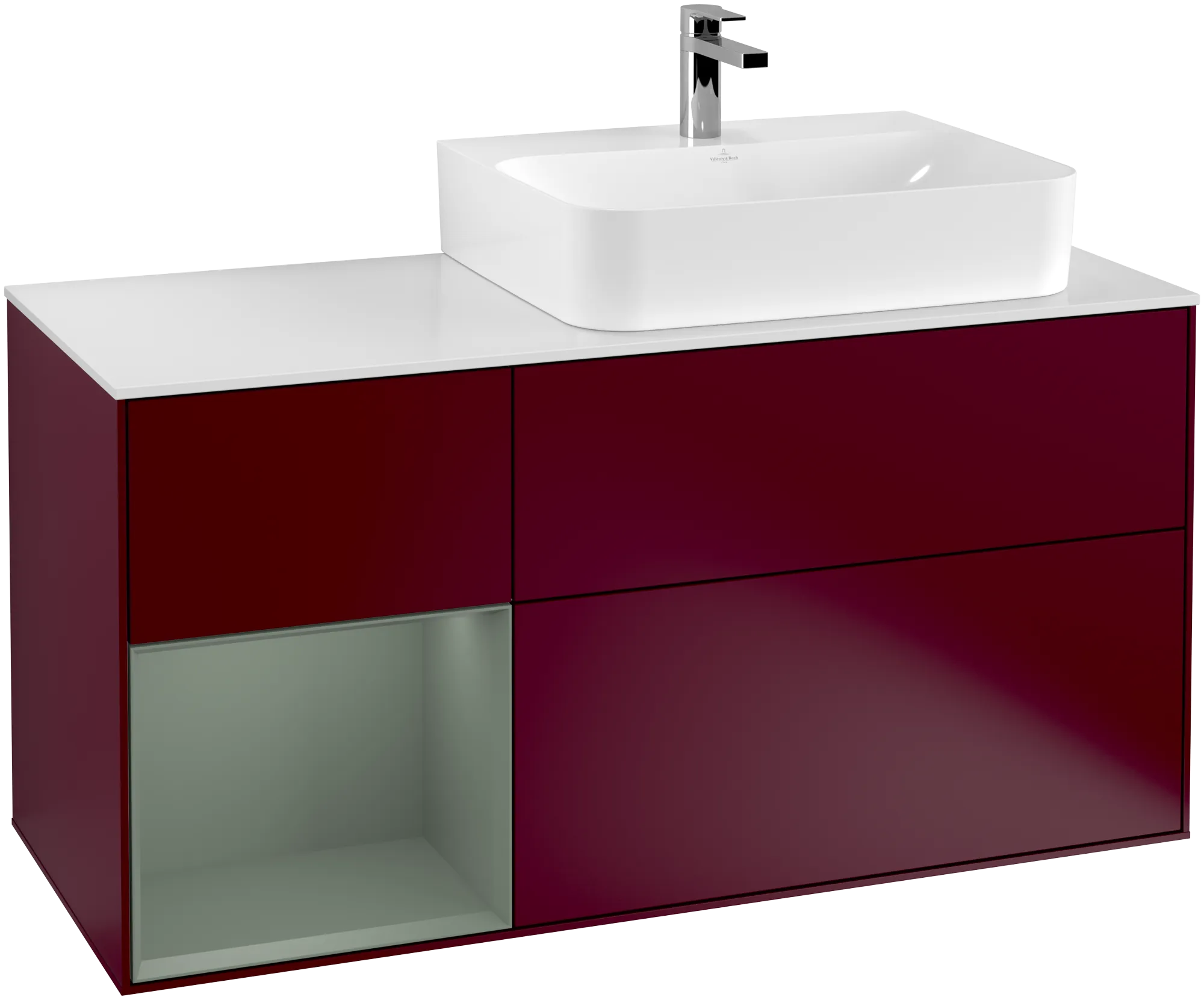 Picture of VILLEROY BOCH Finion Vanity unit, with lighting, 3 pull-out compartments, 1200 x 603 x 501 mm, Peony Matt Lacquer / Olive Matt Lacquer / Glass White Matt #G141GMHB