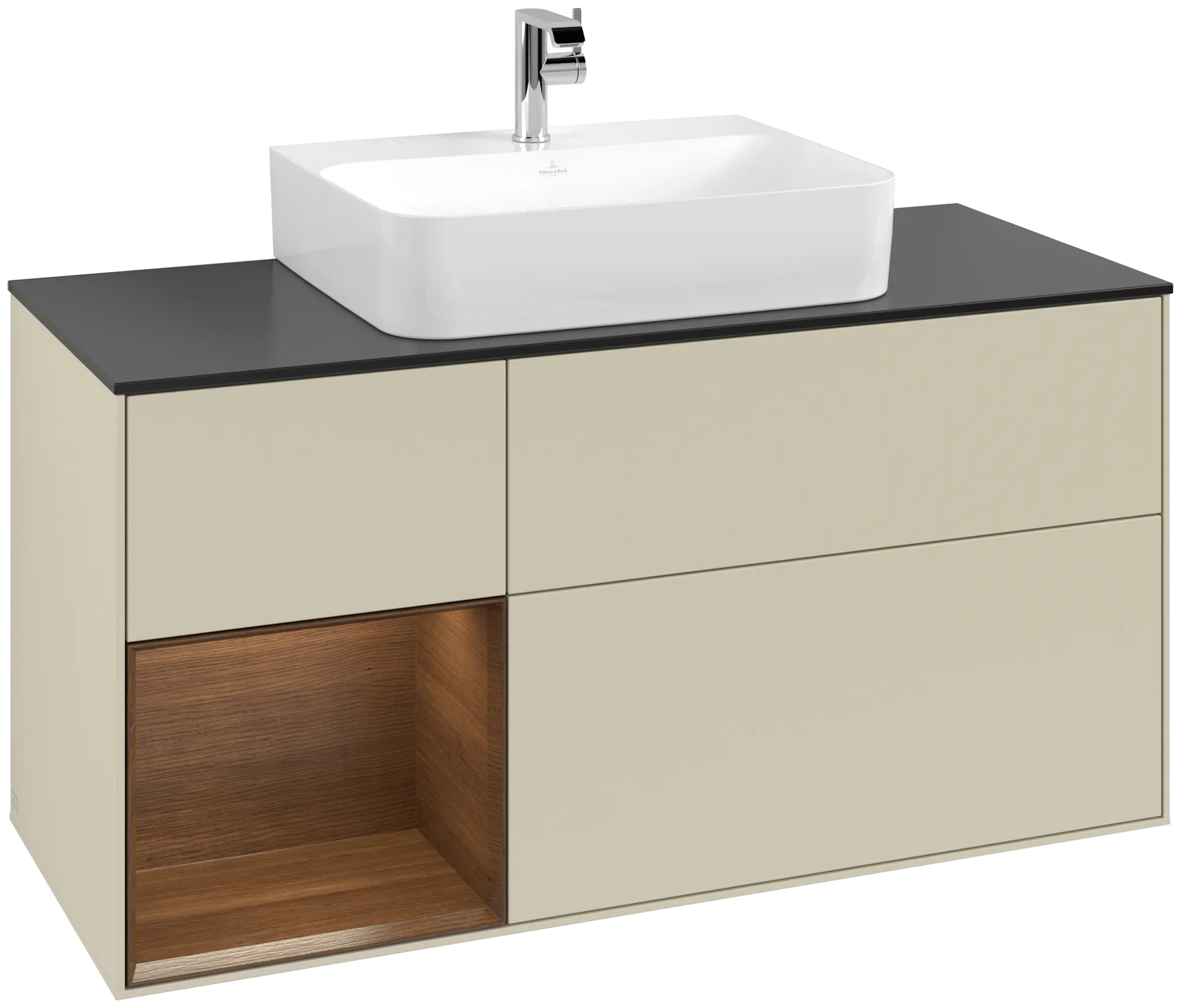 Picture of VILLEROY BOCH Finion Vanity unit, with lighting, 3 pull-out compartments, 1200 x 603 x 501 mm, Silk Grey Matt Lacquer / Walnut Veneer / Glass Black Matt #G162GNHJ