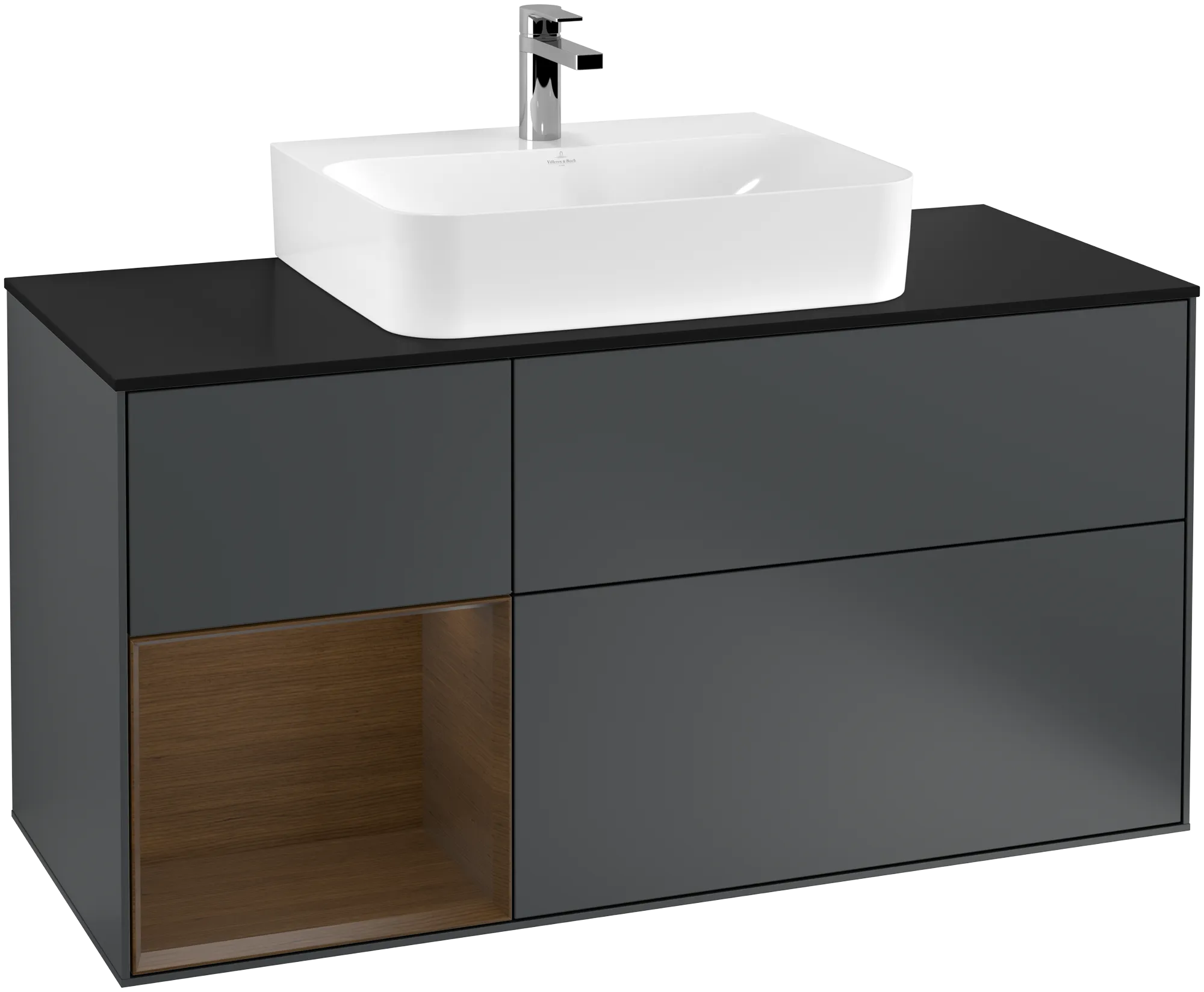 Picture of VILLEROY BOCH Finion Vanity unit, with lighting, 3 pull-out compartments, 1200 x 603 x 501 mm, Midnight Blue Matt Lacquer / Walnut Veneer / Glass Black Matt #G162GNHG