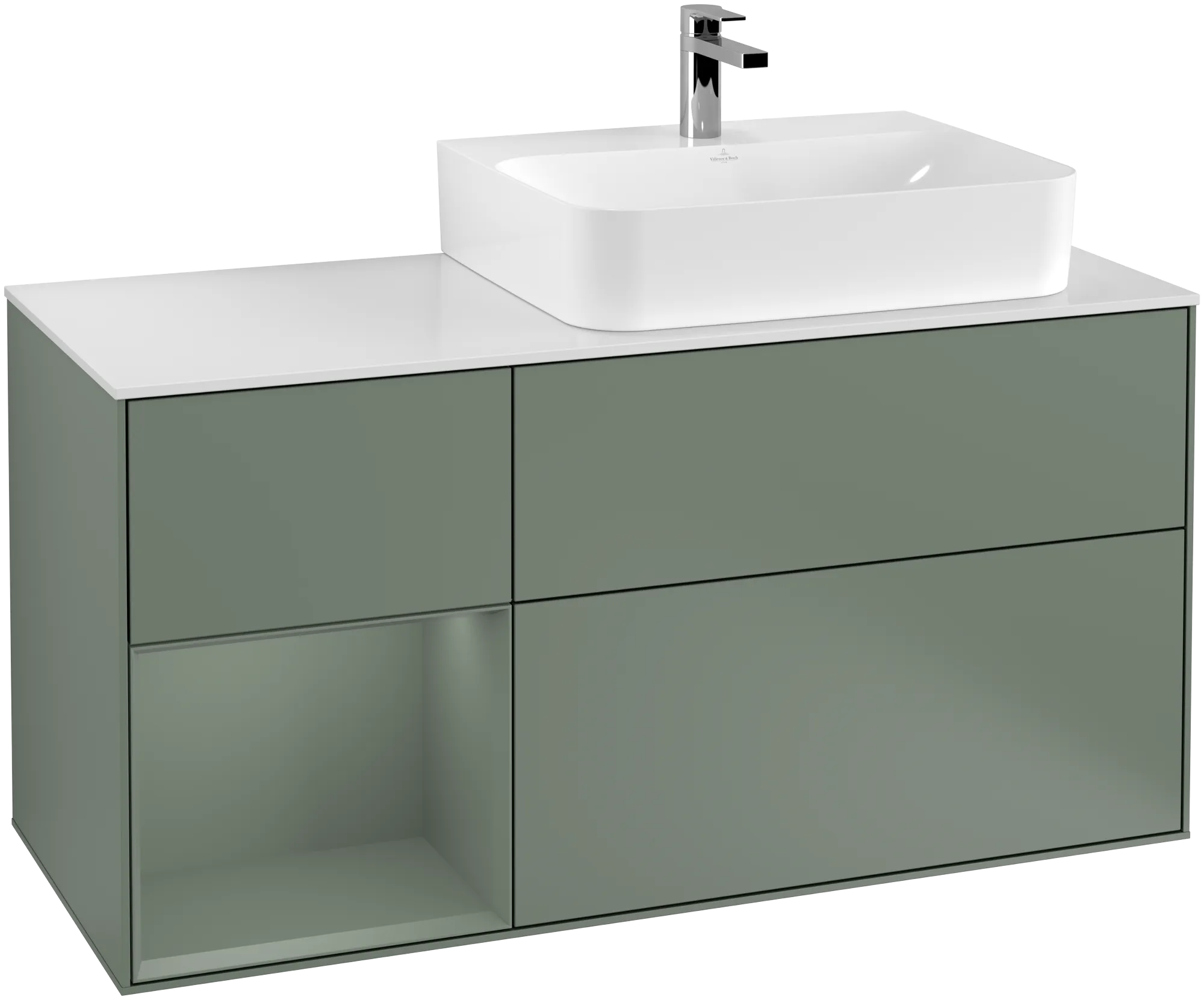Picture of VILLEROY BOCH Finion Vanity unit, with lighting, 3 pull-out compartments, 1200 x 603 x 501 mm, Olive Matt Lacquer / Olive Matt Lacquer / Glass White Matt #G141GMGM