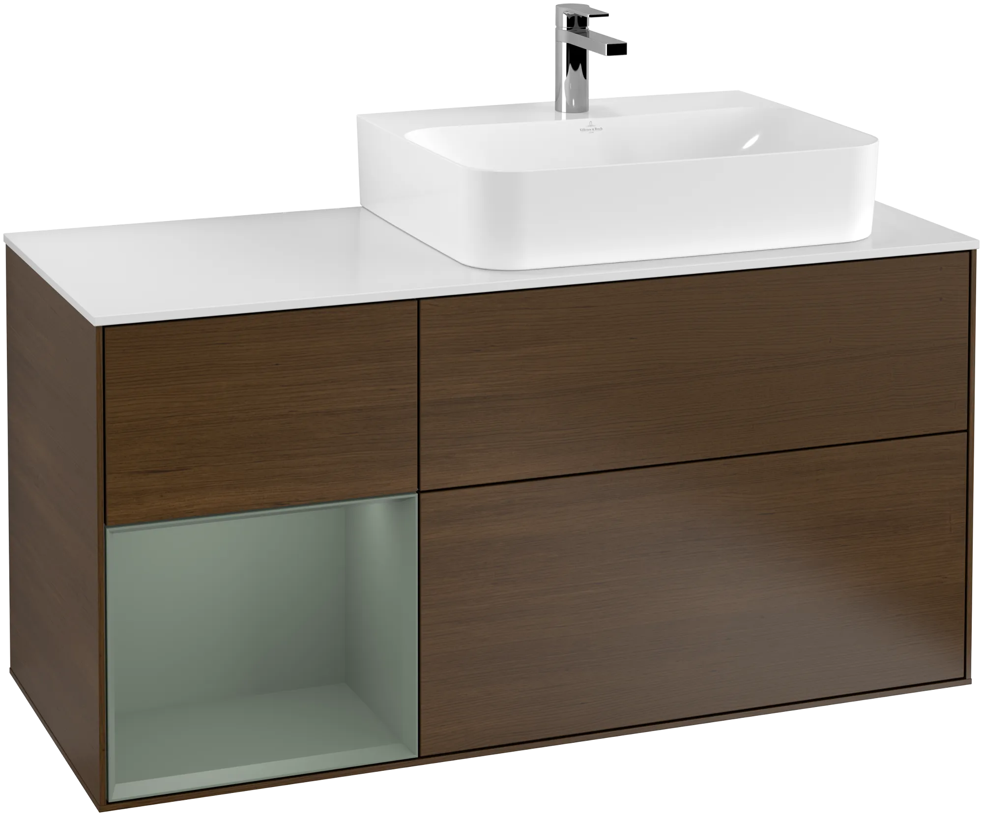 Picture of VILLEROY BOCH Finion Vanity unit, with lighting, 3 pull-out compartments, 1200 x 603 x 501 mm, Walnut Veneer / Olive Matt Lacquer / Glass White Matt #G141GMGN