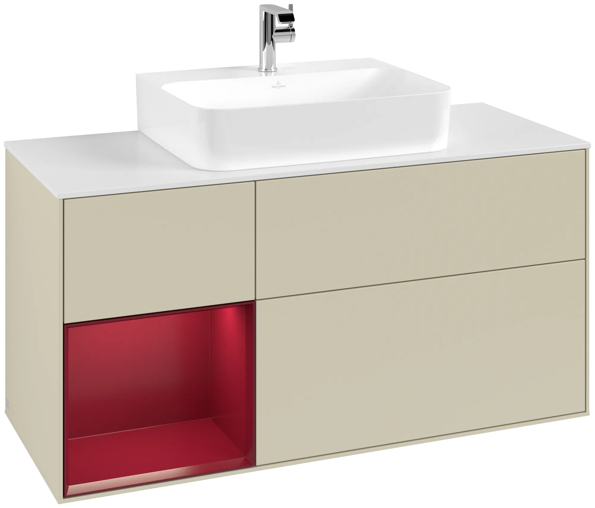 Picture of VILLEROY BOCH Finion Vanity unit, with lighting, 3 pull-out compartments, 1200 x 603 x 501 mm, Silk Grey Matt Lacquer / Peony Matt Lacquer / Glass White Matt #G161HBHJ