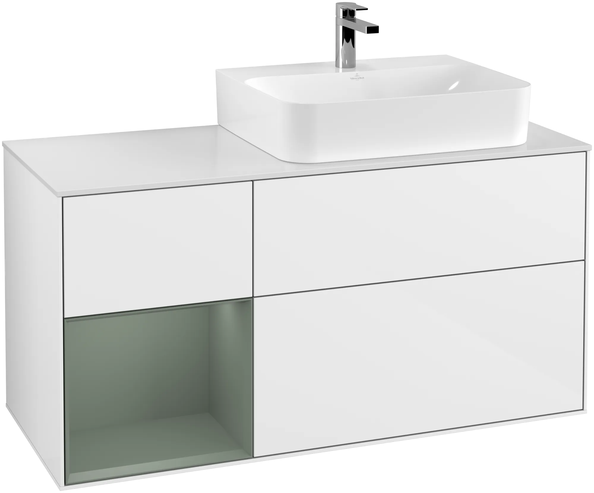 Picture of VILLEROY BOCH Finion Vanity unit, with lighting, 3 pull-out compartments, 1200 x 603 x 501 mm, Glossy White Lacquer / Olive Matt Lacquer / Glass White Matt #G141GMGF