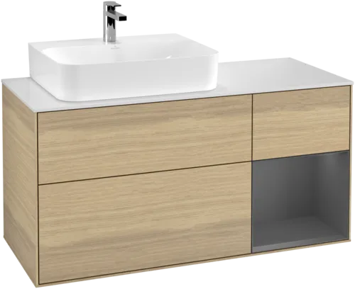 Picture of VILLEROY BOCH Finion Vanity unit, with lighting, 3 pull-out compartments, 1200 x 603 x 501 mm, Oak Veneer / Anthracite Matt Lacquer / Glass White Matt #G151GKPC