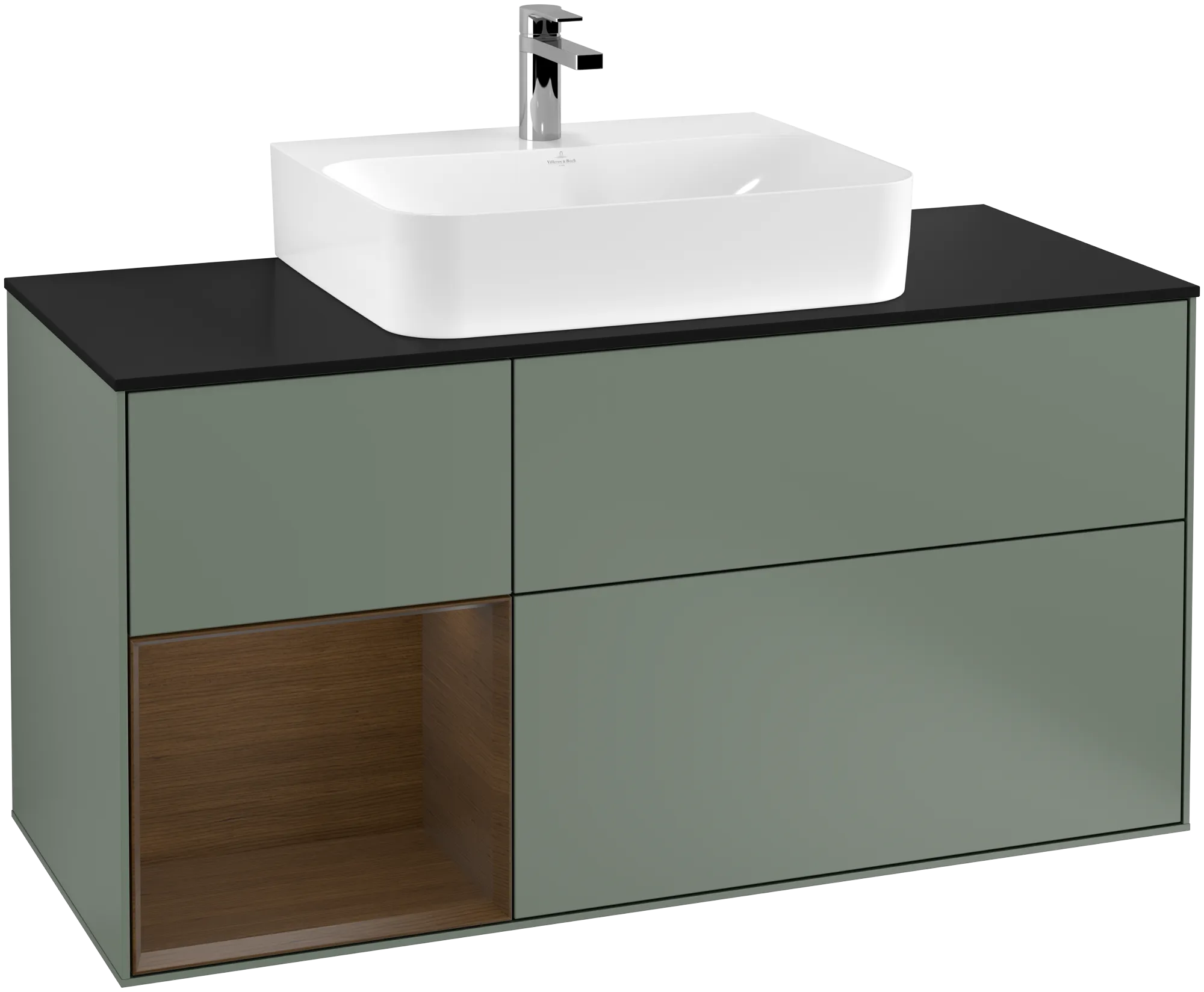 Picture of VILLEROY BOCH Finion Vanity unit, with lighting, 3 pull-out compartments, 1200 x 603 x 501 mm, Olive Matt Lacquer / Walnut Veneer / Glass Black Matt #G162GNGM