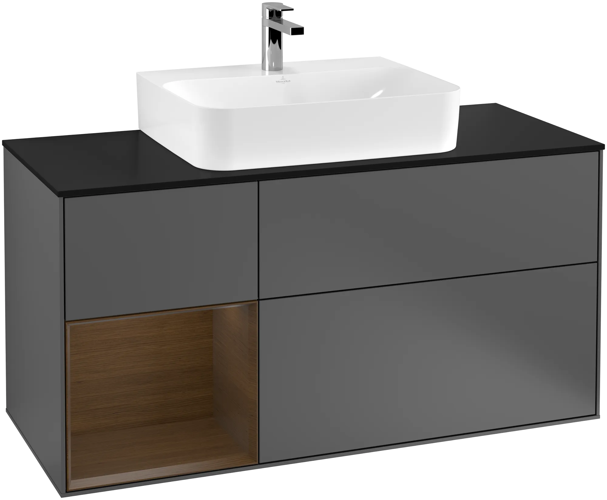 Picture of VILLEROY BOCH Finion Vanity unit, with lighting, 3 pull-out compartments, 1200 x 603 x 501 mm, Anthracite Matt Lacquer / Walnut Veneer / Glass Black Matt #G162GNGK