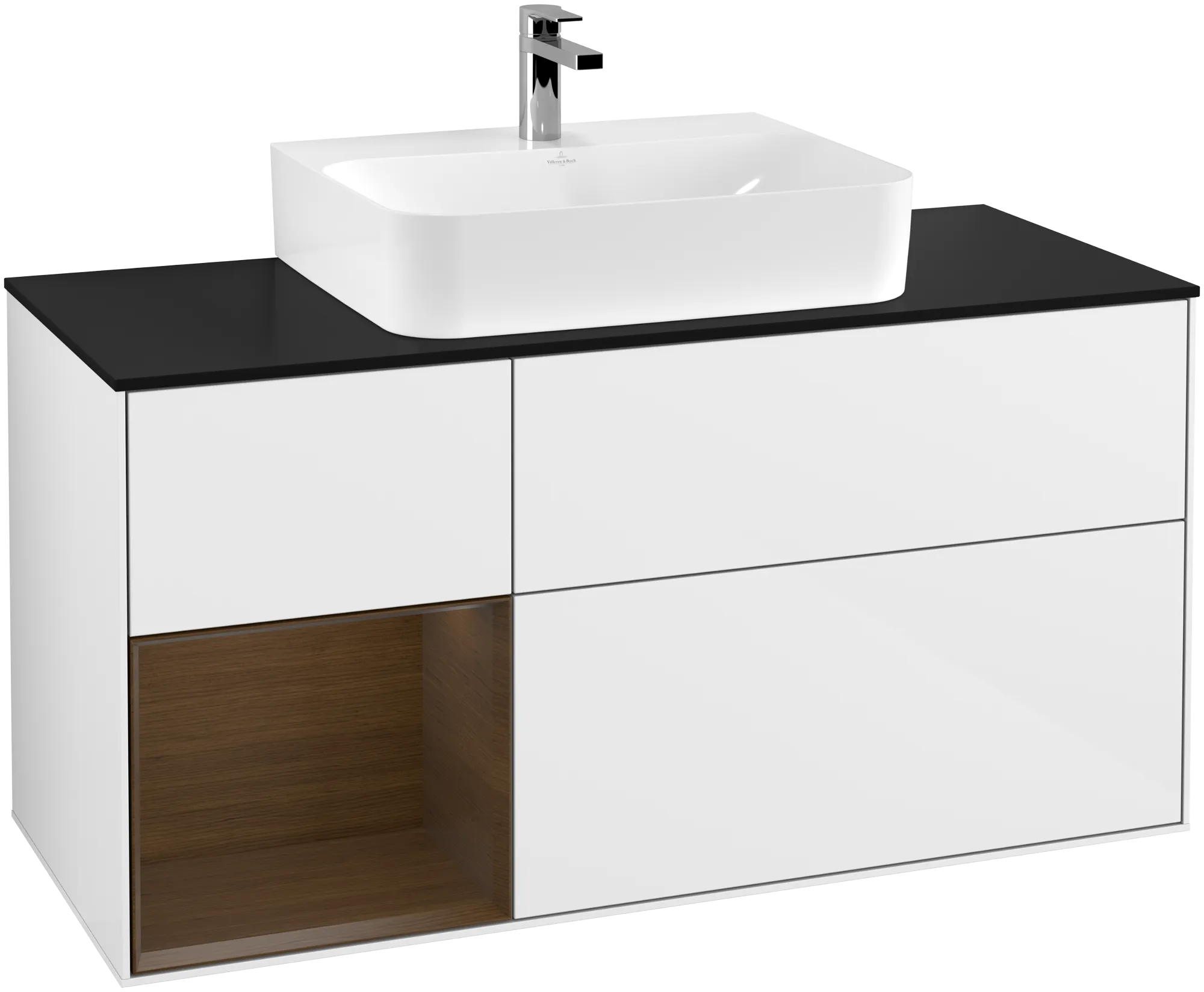 Picture of VILLEROY BOCH Finion Vanity unit, with lighting, 3 pull-out compartments, 1200 x 603 x 501 mm, Glossy White Lacquer / Walnut Veneer / Glass Black Matt #G162GNGF