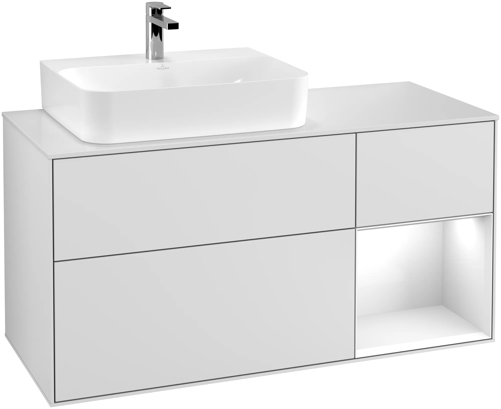 Picture of VILLEROY BOCH Finion Vanity unit, with lighting, 3 pull-out compartments, 1200 x 603 x 501 mm, White Matt Lacquer / Glossy White Lacquer / Glass White Matt #G151GFMT