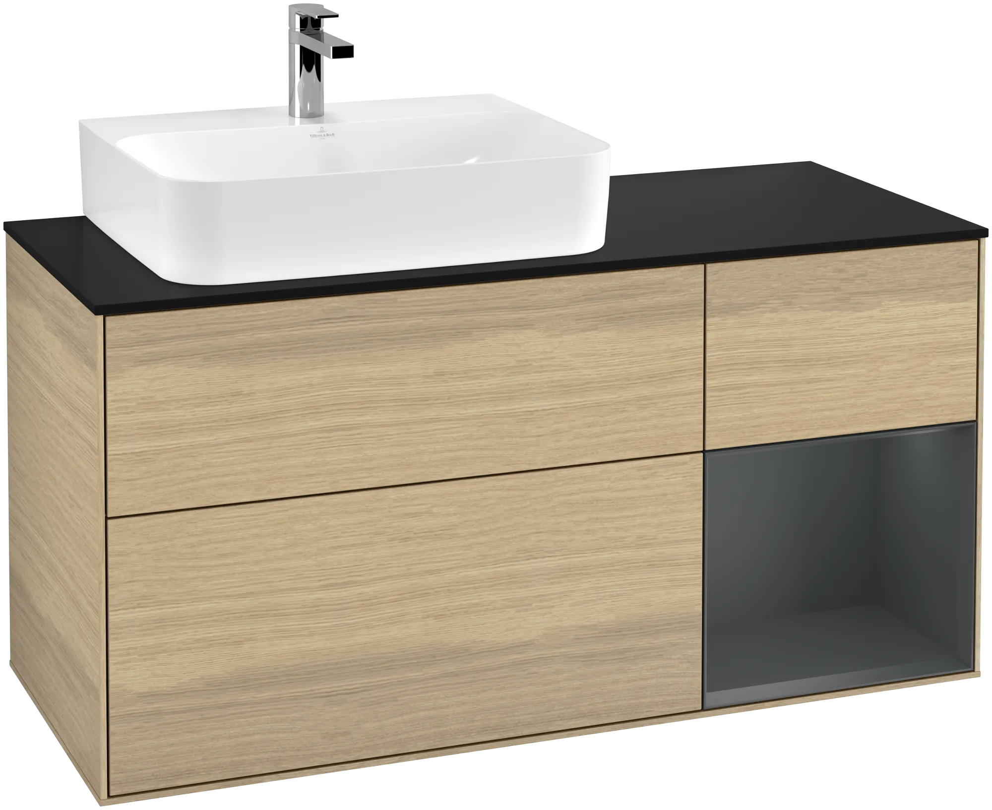 Picture of VILLEROY BOCH Finion Vanity unit, with lighting, 3 pull-out compartments, 1200 x 603 x 501 mm, Oak Veneer / Midnight Blue Matt Lacquer / Glass Black Matt #G152HGPC