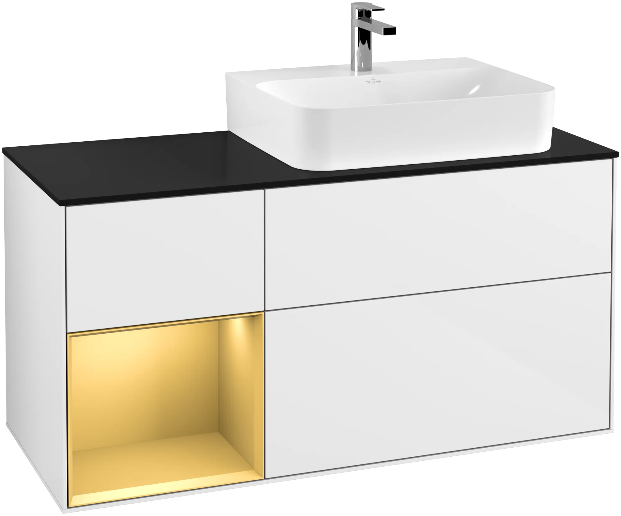 Picture of VILLEROY BOCH Finion Vanity unit, with lighting, 3 pull-out compartments, 1200 x 603 x 501 mm, Glossy White Lacquer / Gold Matt Lacquer / Glass Black Matt #G142HFGF