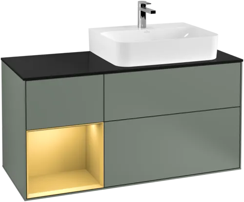 Picture of VILLEROY BOCH Finion Vanity unit, with lighting, 3 pull-out compartments, 1200 x 603 x 501 mm, Olive Matt Lacquer / Gold Matt Lacquer / Glass Black Matt #G142HFGM