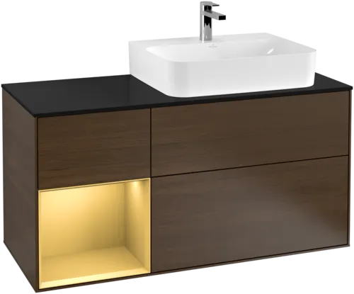 Picture of VILLEROY BOCH Finion Vanity unit, with lighting, 3 pull-out compartments, 1200 x 603 x 501 mm, Walnut Veneer / Gold Matt Lacquer / Glass Black Matt #G142HFGN