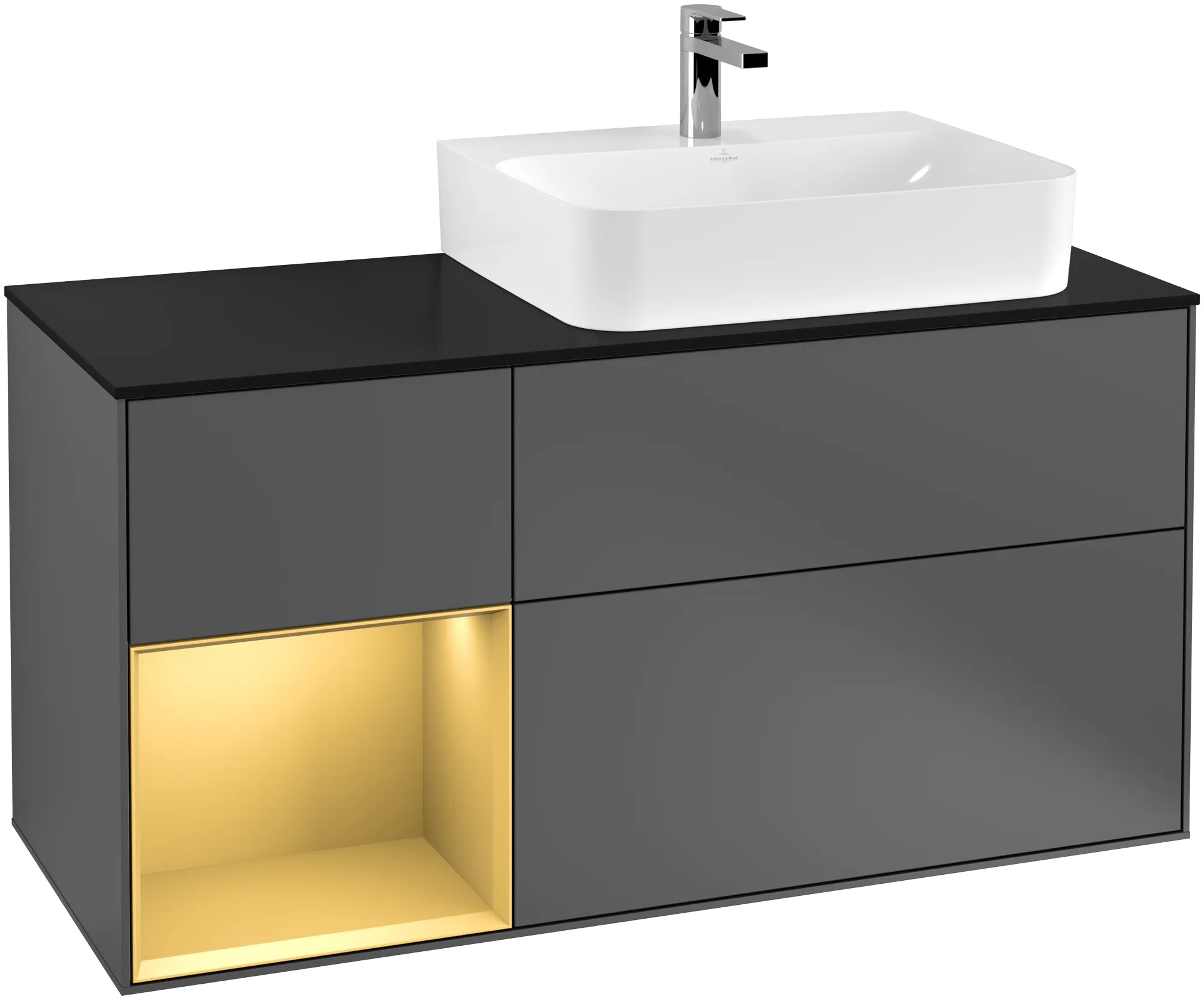 Picture of VILLEROY BOCH Finion Vanity unit, with lighting, 3 pull-out compartments, 1200 x 603 x 501 mm, Anthracite Matt Lacquer / Gold Matt Lacquer / Glass Black Matt #G142HFGK