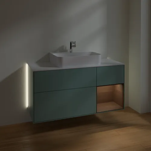 Bild von VILLEROY BOCH Finion Waschbeckenunterschrank, mit Beleuchtung, 3 Auszüge, 1200 x 603 x 501 mm, Olive Matt Lacquer / Walnut Veneer / Glass White Matt #G171GNGM