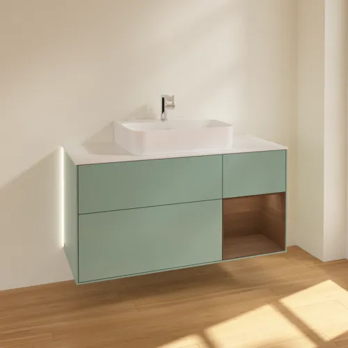 Bild von VILLEROY BOCH Finion Waschbeckenunterschrank, mit Beleuchtung, 3 Auszüge, 1200 x 603 x 501 mm, Olive Matt Lacquer / Walnut Veneer / Glass White Matt #G171GNGM