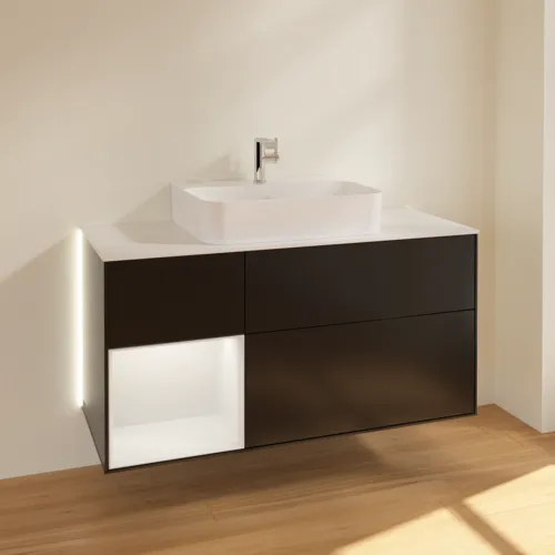 Bild von VILLEROY BOCH Finion Waschbeckenunterschrank, mit Beleuchtung, 3 Auszüge, 1200 x 603 x 501 mm, Black Matt Lacquer / Walnut Veneer / Glass White Matt #G161GNPD