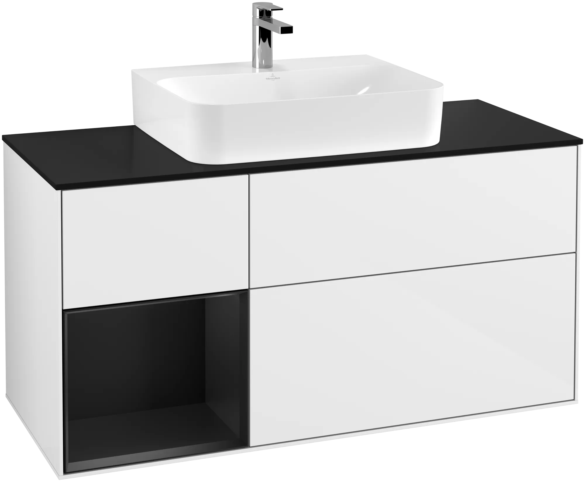 Picture of VILLEROY BOCH Finion Vanity unit, with lighting, 3 pull-out compartments, 1200 x 603 x 501 mm, Glossy White Lacquer / Black Matt Lacquer / Glass Black Matt #G162PDGF