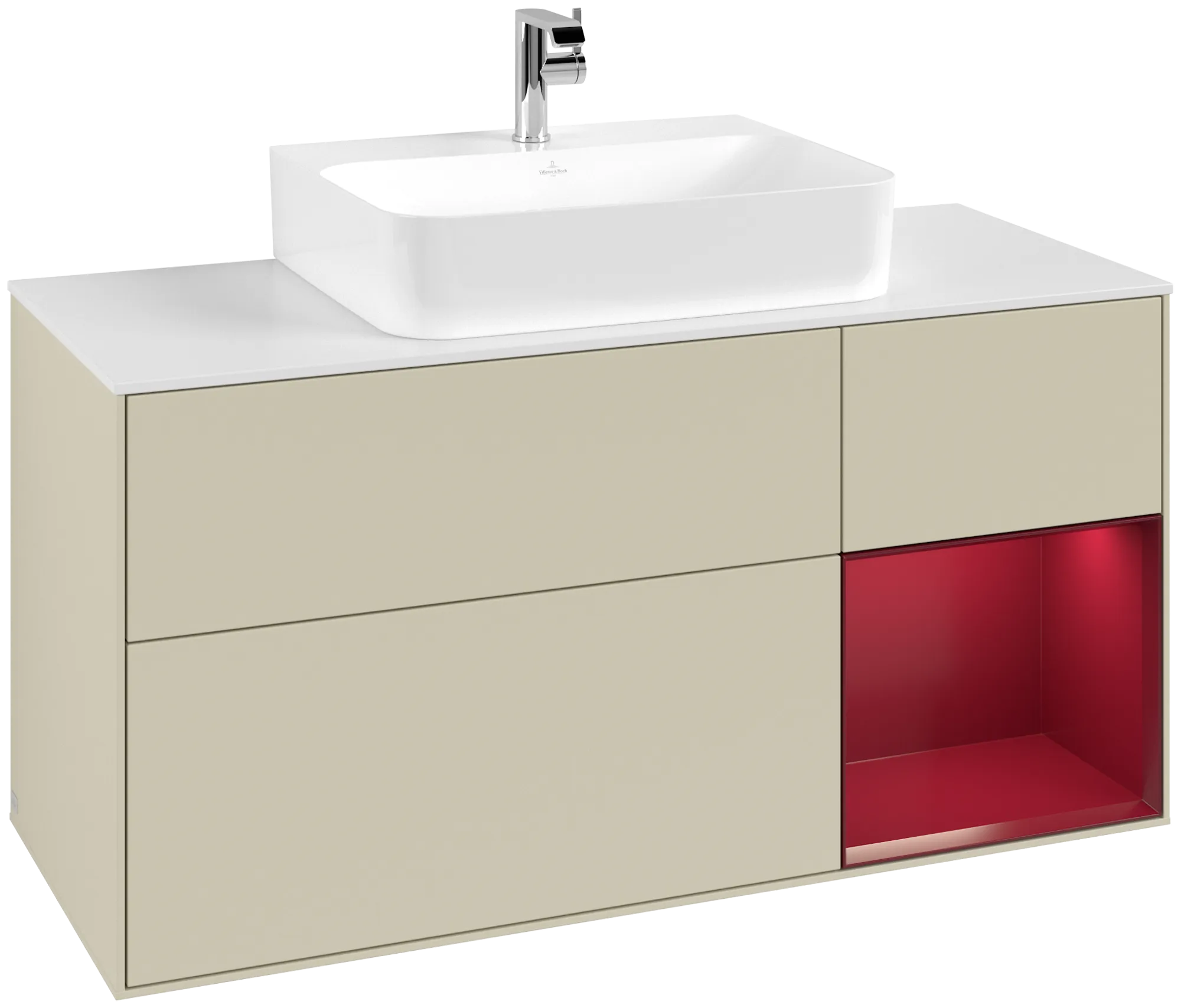 Picture of VILLEROY BOCH Finion Vanity unit, with lighting, 3 pull-out compartments, 1200 x 603 x 501 mm, Silk Grey Matt Lacquer / Peony Matt Lacquer / Glass White Matt #G171HBHJ