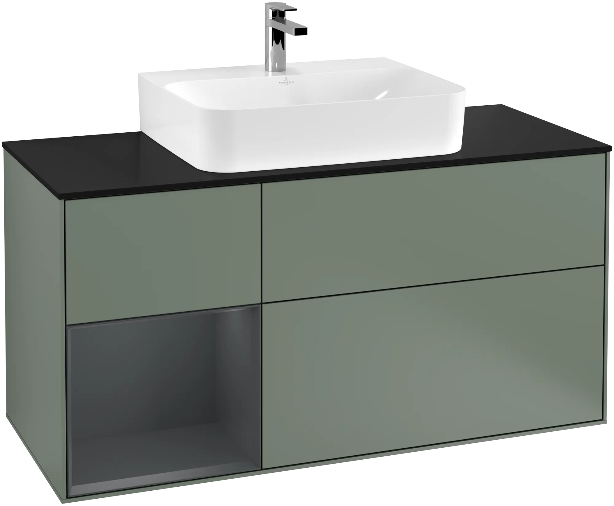Picture of VILLEROY BOCH Finion Vanity unit, with lighting, 3 pull-out compartments, 1200 x 603 x 501 mm, Olive Matt Lacquer / Midnight Blue Matt Lacquer / Glass Black Matt #G162HGGM