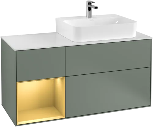 Picture of VILLEROY BOCH Finion Vanity unit, with lighting, 3 pull-out compartments, 1200 x 603 x 501 mm, Olive Matt Lacquer / Gold Matt Lacquer / Glass White Matt #G141HFGM