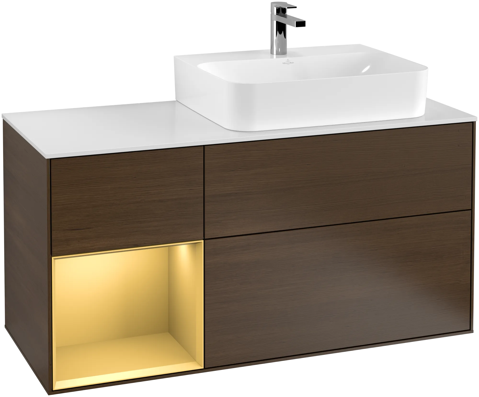 Picture of VILLEROY BOCH Finion Vanity unit, with lighting, 3 pull-out compartments, 1200 x 603 x 501 mm, Walnut Veneer / Gold Matt Lacquer / Glass White Matt #G141HFGN