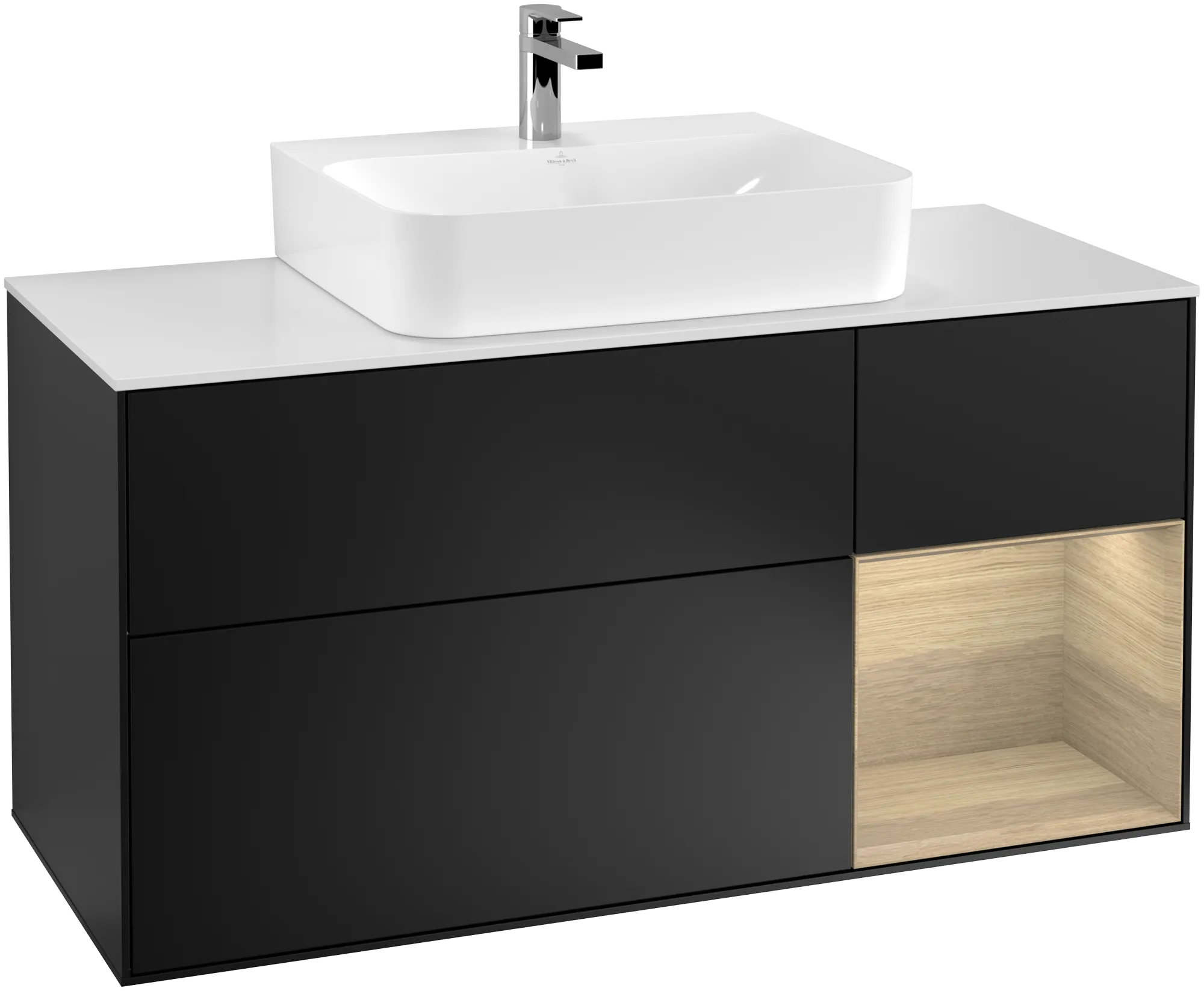 Picture of VILLEROY BOCH Finion Vanity unit, with lighting, 3 pull-out compartments, 1200 x 603 x 501 mm, Black Matt Lacquer / Oak Veneer / Glass White Matt #G171PCPD