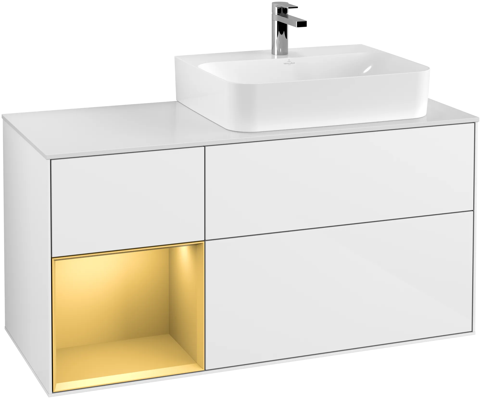 Picture of VILLEROY BOCH Finion Vanity unit, with lighting, 3 pull-out compartments, 1200 x 603 x 501 mm, Glossy White Lacquer / Gold Matt Lacquer / Glass White Matt #G141HFGF