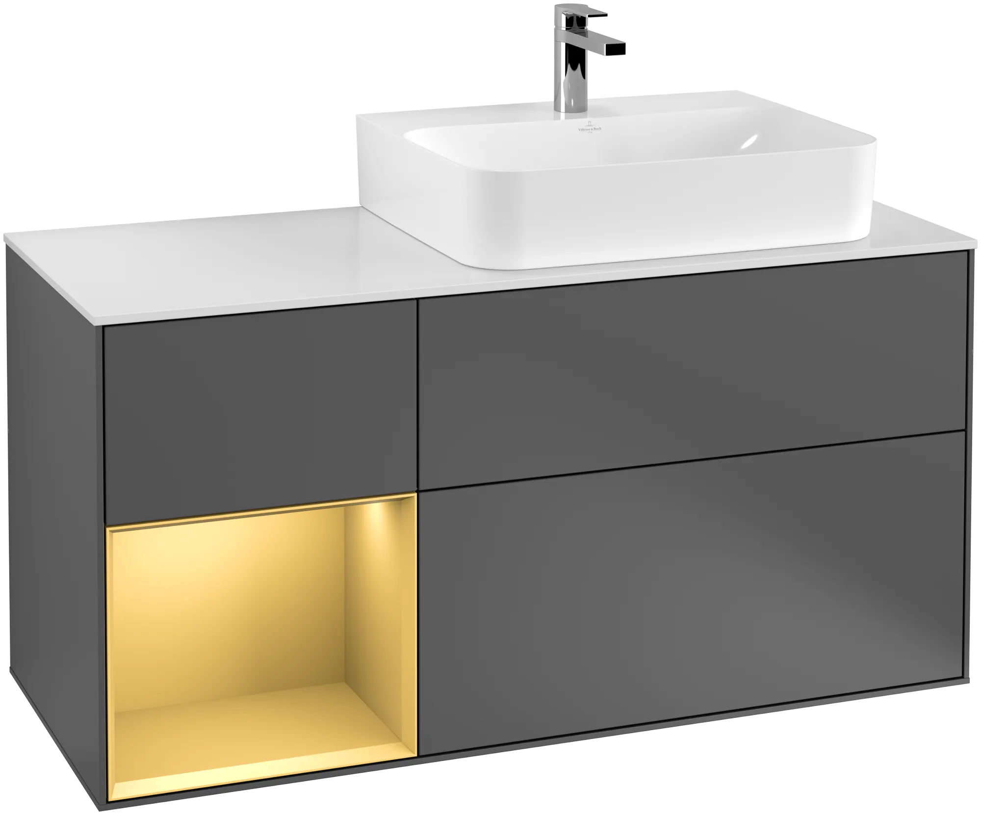 Picture of VILLEROY BOCH Finion Vanity unit, with lighting, 3 pull-out compartments, 1200 x 603 x 501 mm, Anthracite Matt Lacquer / Gold Matt Lacquer / Glass White Matt #G141HFGK