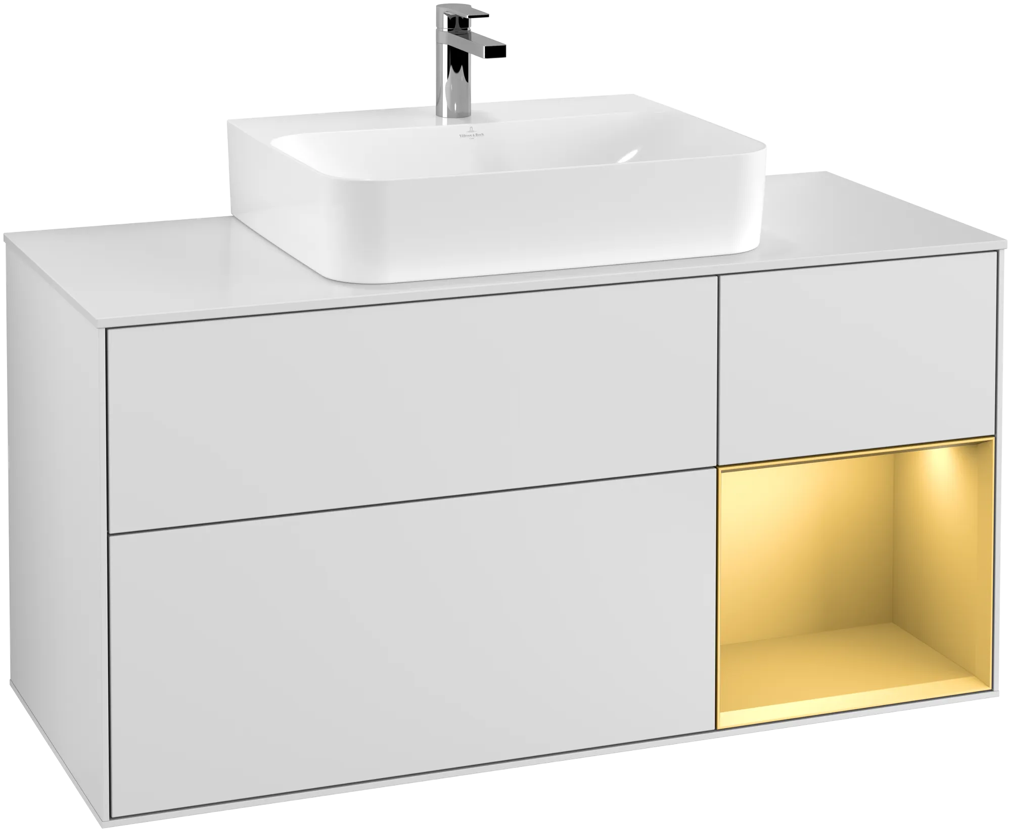 Obrázek VILLEROY BOCH Finion Vanity unit, with lighting, 3 pull-out compartments, 1200 x 603 x 501 mm, White Matt Lacquer / Gold Matt Lacquer / Glass White Matt #G171HFMT