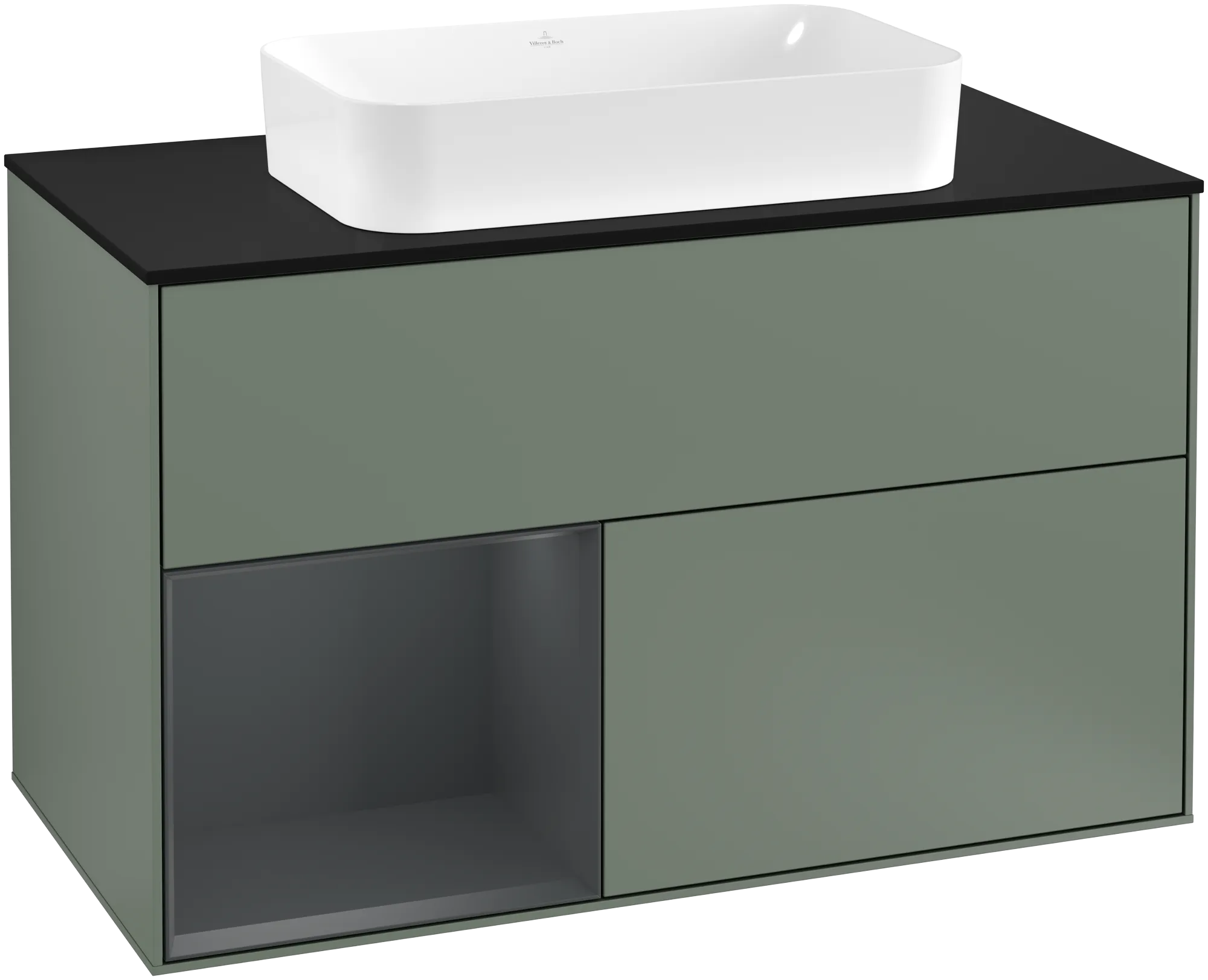 Picture of VILLEROY BOCH Finion Vanity unit, with lighting, 2 pull-out compartments, 1000 x 603 x 501 mm, Olive Matt Lacquer / Midnight Blue Matt Lacquer / Glass Black Matt #G242HGGM