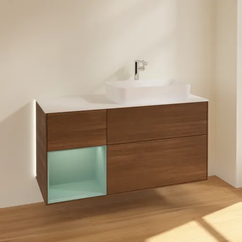 Bild von VILLEROY BOCH Finion Waschbeckenunterschrank, mit Beleuchtung, 3 Auszüge, 1200 x 603 x 501 mm, Walnut Veneer / Olive Matt Lacquer / Glass White Matt #G271GMGN