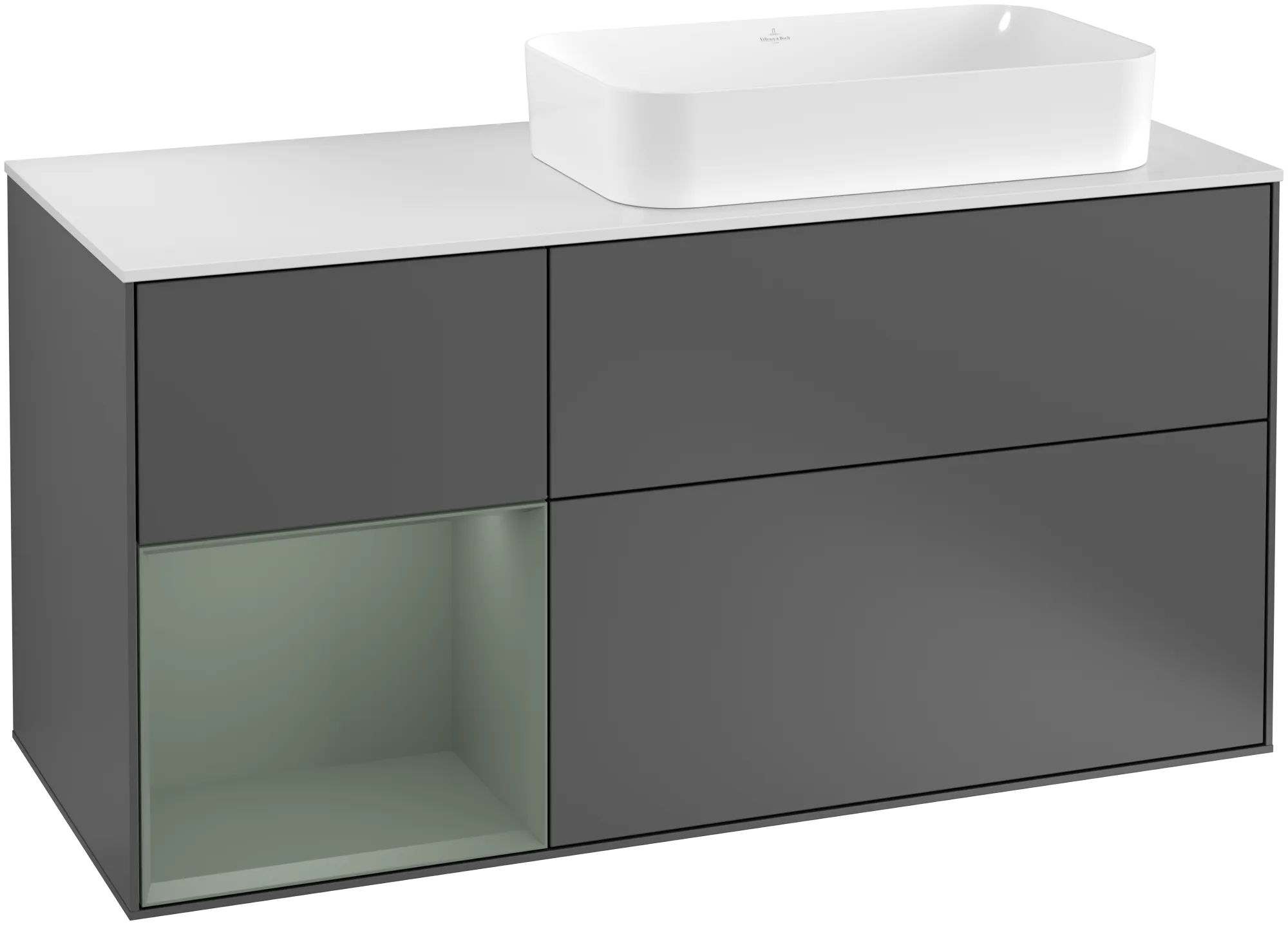 Obrázek VILLEROY BOCH Finion Vanity unit, with lighting, 3 pull-out compartments, 1200 x 603 x 501 mm, Anthracite Matt Lacquer / Olive Matt Lacquer / Glass White Matt #G271GMGK