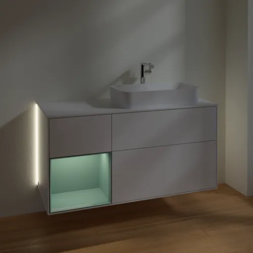 Bild von VILLEROY BOCH Finion Waschbeckenunterschrank, mit Beleuchtung, 3 Auszüge, 1200 x 603 x 501 mm, Glossy White Lacquer / Olive Matt Lacquer / Glass White Matt #G271GMGF